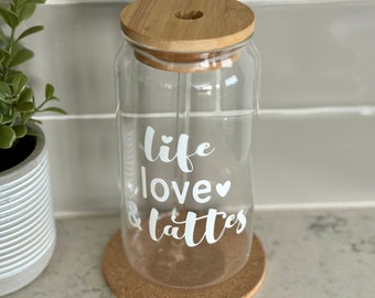 Life, Love, and Lattes Glass Cup | Glass Cup with Lid and Straw | Glass Coffee Cup | Glass Beer Can