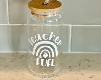 Teacher Fuel Glass Cup | Glass Cup with Lid and Straw | Glass Coffee Cup | Glass Beer Can