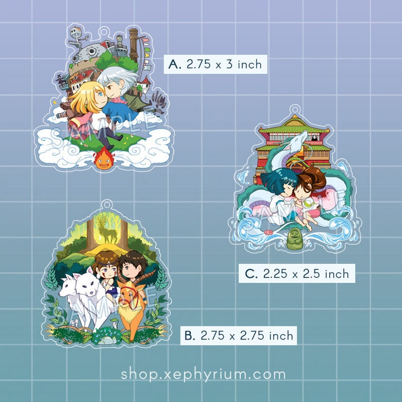 May include: Three acrylic charms featuring characters from the Studio Ghibli films 'Howl's Moving Castle', 'Spirited Away', and 'Princess Mononoke'. The charms are approximately 2.75 inches in diameter. The text 'shop.xephyrium.com' is printed at the bottom of the image.