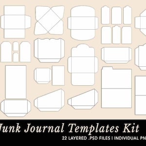 Junk Journal Templates Kit Bundle aus 22 verschiedenen .PSD Dateien, PNG und druckfertigen PDF für Tags, Umschläge, Taschen und mehr!