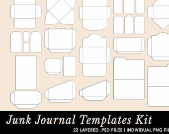Junk Journal Templates Kit Bundle of 22 Different Layered .PSD Files, PNG and Print-Ready PDF for tags, envelopes, pockets, & more!