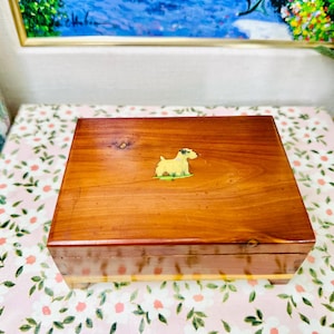Vintage Cedar Dresser Box with Terrier Dog Transferware – Brass Hinges – 1930s Dog Lover Gift / Jewelry or Keepsake Box Grandmillennial