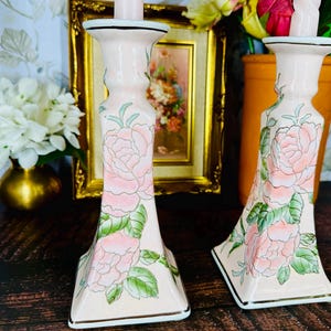 Vintage Chinoiserie Hand-Painted Porcelain Candleholders – Pink Roses, Ivory Ceramic, Art Nouveau Style, Set of 2 Grandmillennial Decor