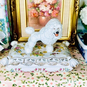 Vintage Porcelain Poodle Trinket Box, White Poodle Lid, Art Nouveau Casa Padrino Jewelry Box, Antique Style Ceramic Dog Figurine