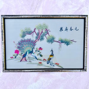 Vintage Chinese Silk Embroidery – Framed Hand-Stitched Peacock & Floral Art, Chinoiserie Wall Decor, Signed Asian Textile Art Chinoiserie