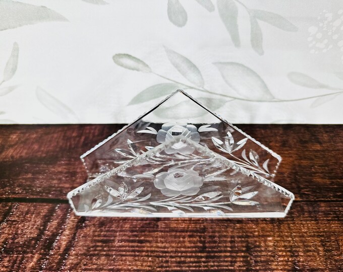 Crystal Napkin Holder Letter Stand Desk Table Etched Florals Cut Leaves