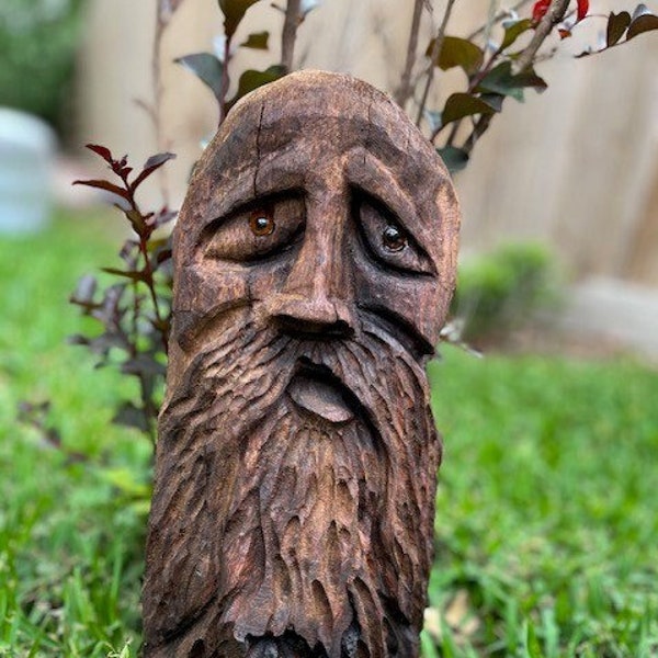 Hand Carved Oak Tree Spirit, hanging wall art rustic home decor wood carving design folk art