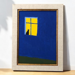 Chat noir assis sur une fenêtre, peinture huile sur toile, peintures uniques, petite oeuvre d'art murale encadrée, peinture à l'huile contemporaine d'animaux de chat noir