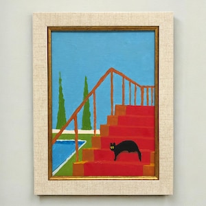 Petite peinture de chat noir dans l'escalier, huile sur toile, peintures uniques, art mural encadré, peinture à l'huile contemporaine de chat noir d'animaux drôles