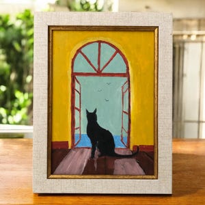 Chat noir assis sur la fenêtre, peinture huile sur toile, peinture unique, petite oeuvre d'art murale encadrée, animaux, peinture à l'huile contemporaine de chat noir