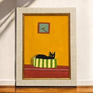 Petit tableau de chat noir, peintures uniques, art mural de chat en pain encadré, peinture d'animaux drôles, peinture à l'huile minimaliste de chat de velours noir