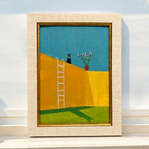 Petit tableau de chat noir, peintures uniques, art mural chat encadré, peinture à l'huile minimaliste de chat en velours noir, peinture d'animaux rigolos à l'huile