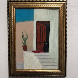 オリジナルの猫の絵画 猫のアート 黒猫の絵画 中東の建築画 ミニマルな絵画 小さな額入り猫の絵画 ウォールアート