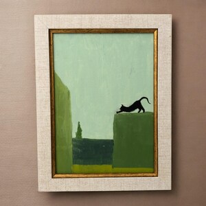 Chat noir s'étirant, peinture verte à l'huile sur toile, peintures uniques, petite oeuvre d'art murale encadrée, peinture à l'huile contemporaine d'animaux de chat noir
