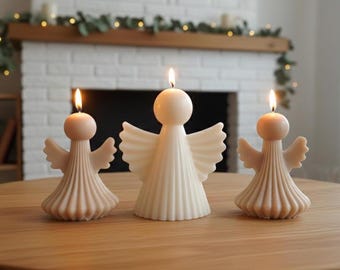 Lot de 3 grandes bougies d'ange faites à la main | Cadeau commémoratif d'ange gardien | Décoration de Noël rustique | Figurine d'ange gardien
