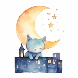 Cat Sleeping Watercolor Painting,Good Night Kids Art,Digital Download,Sleepy Core,Gender Neutral Children Decor,Sleepy Time,Kitten