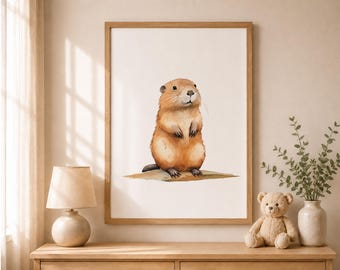 Beaver Watercolor Print, Woodland Forest Nursery Decor, Neutral Baby Room Art (Digital Download)