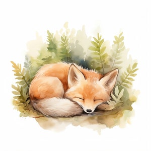 Fox Sleeping Watercolor Painting,Good Night Kids Art,Digital Download,Sleepy Core,Gender Neutral Children Decor,Sleepy Time,Nature