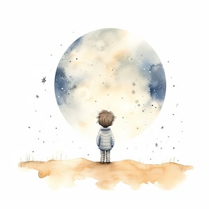 Boy and Moon Watercolor Painting,Good Night Art,Nursery Art,Wall Decor,Gender Neutral Children Decor,Sleepy Time, Lullaby Art