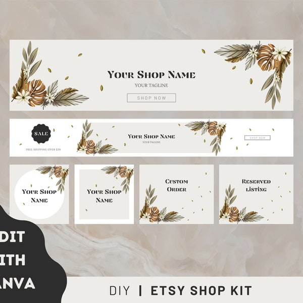 Natural Etsy Shop Kit, Etsy Banner Template, Etsy Store Branding, Editable Etsy Store Banner, Flower Shop Banner