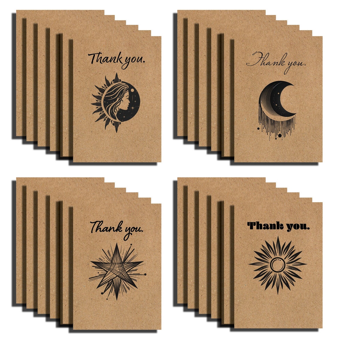 24 Handmade Blank Thank You Cards on Kraft Paper 24 Kraft Envelopes