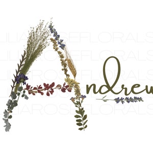 Pressed Flower Greenery Name Art (print) Décor de pépinière pour chambre de bébé ou salle de jeux, décor de pépinière boisée