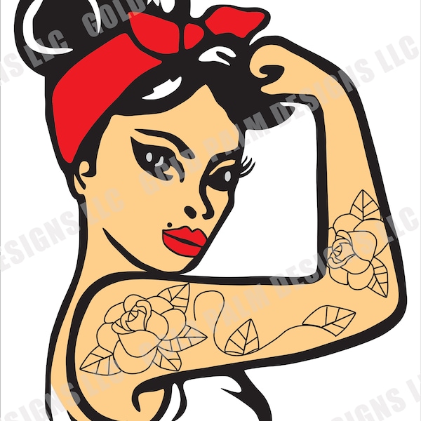 PNG SVG Rosie Riveter Pinup 50's Girl Strong Arm Tattoos Woman Power Bombshell WWII Sexy Decal Cricut Digital File Illustration