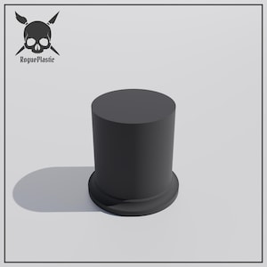 May include: A black cylindrical pedestal with a rounded top and a slightly wider base. The pedestal is made of a smooth, matte material.