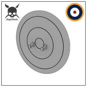 May include: A gray, circular object with concentric circles and two hook-like protrusions. The object has the text "RoguePlastic" and a skull logo. An emblem with a brown center, white ring, and blue outer ring is in the upper right corner.