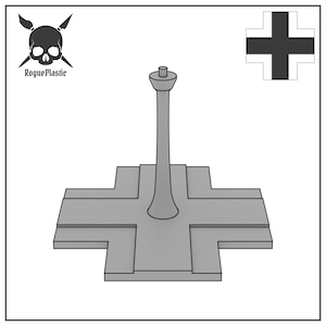May include: A gray plastic model of a tower with a cross-shaped base. The tower has a cylindrical shape with a rounded top. The base is made of four connected squares.