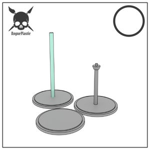 May include: Three round grey plastic display bases with a clear plastic rod and a grey metal rod.