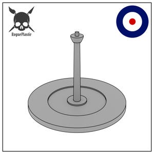 May include: A grey plastic display stand with a round base and a tall, thin post. The stand is designed to hold a model or other small object.