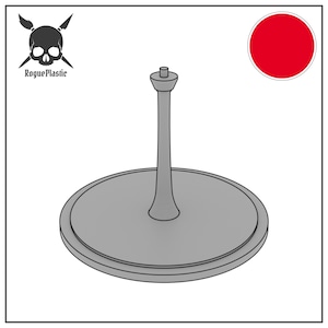 May include: A gray plastic display stand with a round base and a tall, thin post. The stand is designed to hold a miniature figure or other small object.