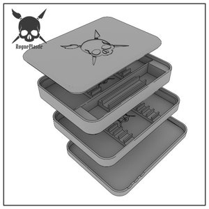 May include: A three-tiered gray storage box with a skull and crossbones logo on the lid. The box has multiple compartments for organizing small items.