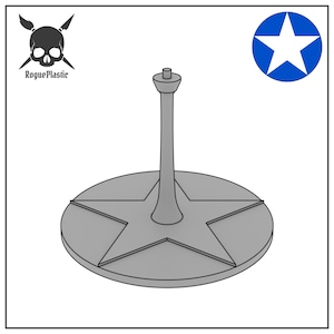 May include: A gray plastic display stand with a star-shaped base and a tall, thin, cylindrical post. The stand is designed to hold a model or figure.