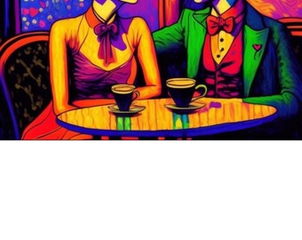 Romance in a Paris cafe. Fauvism style wall art, digital Printable PNG.