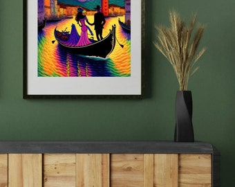 Boat ride into the moonlight in Venice. Fauvism style wall art, digital Printable PNG.