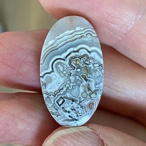 May include: An oval-shaped cabochon gemstone featuring intricate, concentric banding in shades of gray, white, and cream. The stone displays a complex pattern of swirling lines, small circular orbs, and irregular crystalline inclusions throughout its surface.