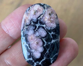 Pink Rhodochrosite "Roses", Contrast with Black Matrix, Gemstone Cabochon, 40x24mm