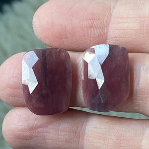 May include: Two faceted, purple-hued gemstones with a slightly iridescent sheen. The stones are held in a hand.