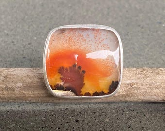 Red Skies at Night: Landscape Dendritic Agate, Sterling Silver Handmade Ring, Size 8, Artisan Jewelry