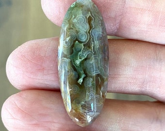 Ocean Jasper Cabochon, Semi-translucent in Peach and Green with Orbs and Drusy Pocket, 37x15mm