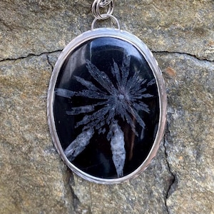 Flower Power: Chrysanthemum Stone, Striking Handmade Pendant in Sterling Silver, Black and Gray, Modern Artisan Jewelry
