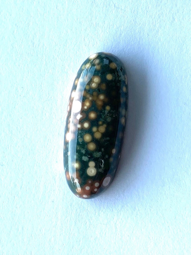 May include: A green, brown, and white oval-shaped ocean jasper cabochon with a polished surface.