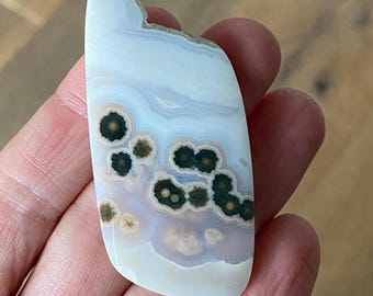 Semi-translucent Green, White, and Peach Ocean Jasper Cabochon, Cogwheels and Natural Top! 55x30mm