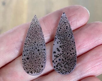 Dendritic Agate Teardrop Pair, Black and White Cabochons, 35x13 mm