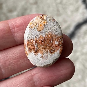 May include: An oval-shaped gemstone with a unique pattern of brown, orange, and white swirls and spots. The polished stone has a smooth surface and is held in a hand, showcasing its natural beauty. This gemstone is ideal for jewelry making or collecting.