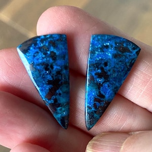 Puede incluir: Dos piedras preciosas triangulares pulidas con un vibrante patrón moteado azul y negro. Las piedras se sostienen en una mano, mostrando su color y textura únicos. Estas piedras podrían usarse para hacer joyas u otras manualidades.