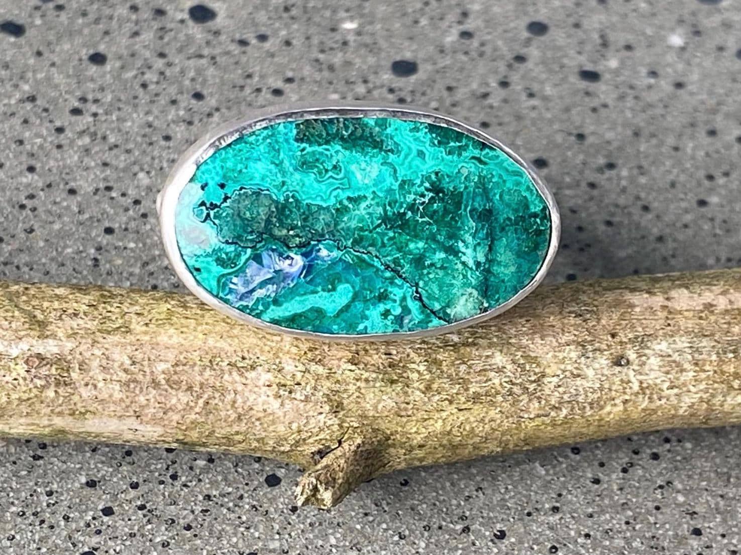 Green with Envy: Chrysocolla and Sterling Silver Statement Ring, Cocktail Ring, Peruvian Gemstone, Size 9.5, Artisan Jewelry