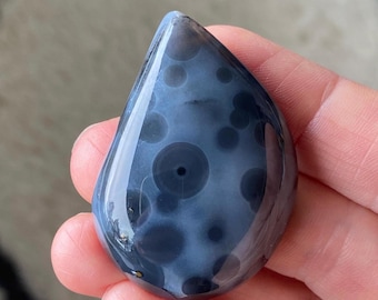 Ocean Jasper Cabochon, RARE Color Combination of Gray with Black Orbs, 47x31mm